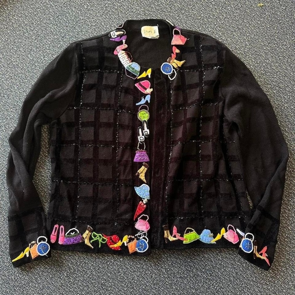 Vintage BEREK black beaded shopaholic knit cardigan sweater Medium Hand Beaded